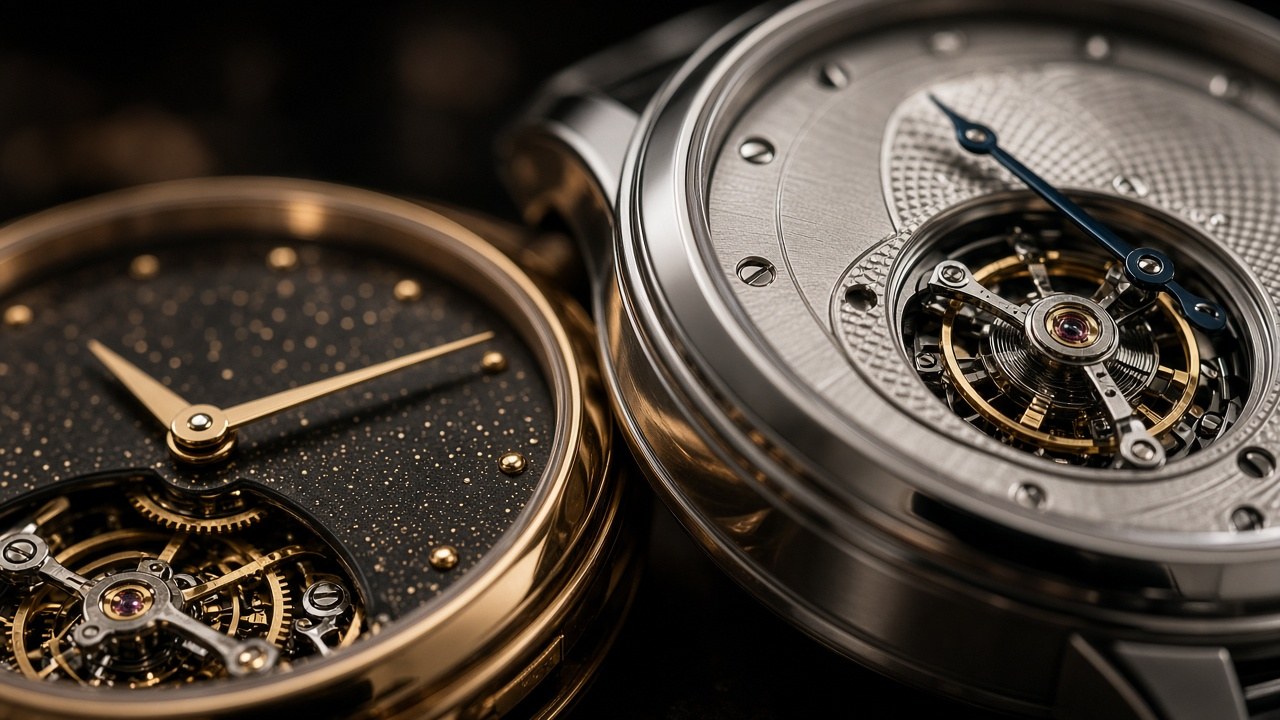 Close-up of mechanical watch faces