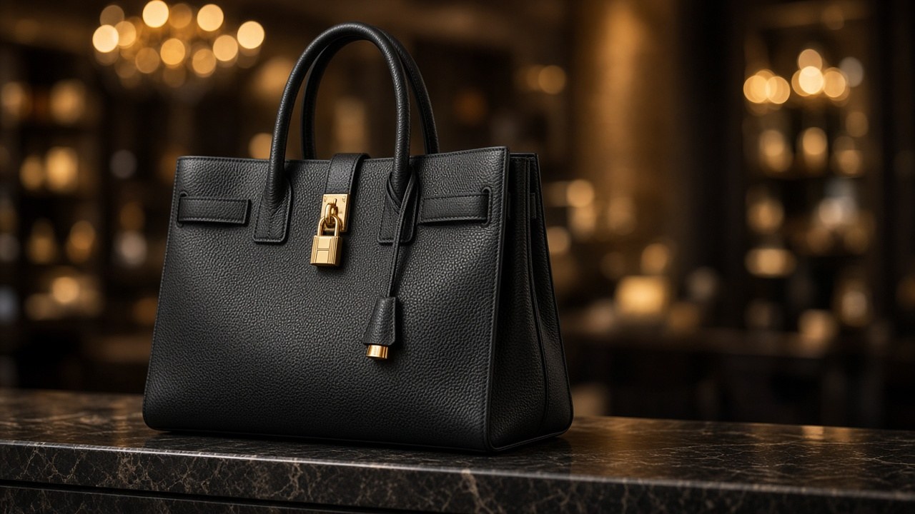 Black structured leather tote on stone, boutique interior